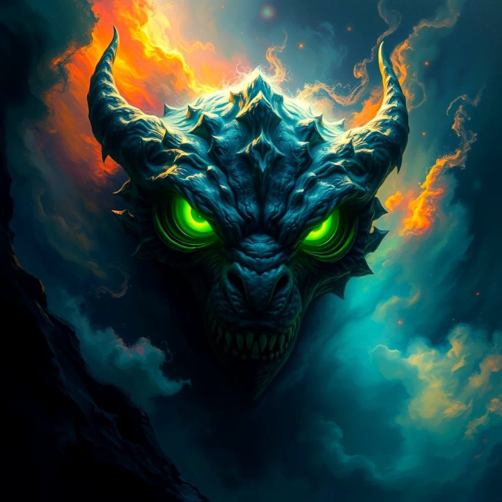 Vibrant Green Eyes Shine from a Dark Pit in a Neo-Impression...