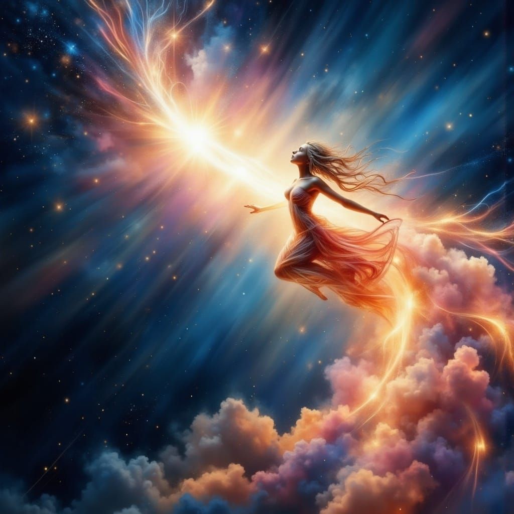 Ethereal Cosmic Entity in Radiant Comet Tail