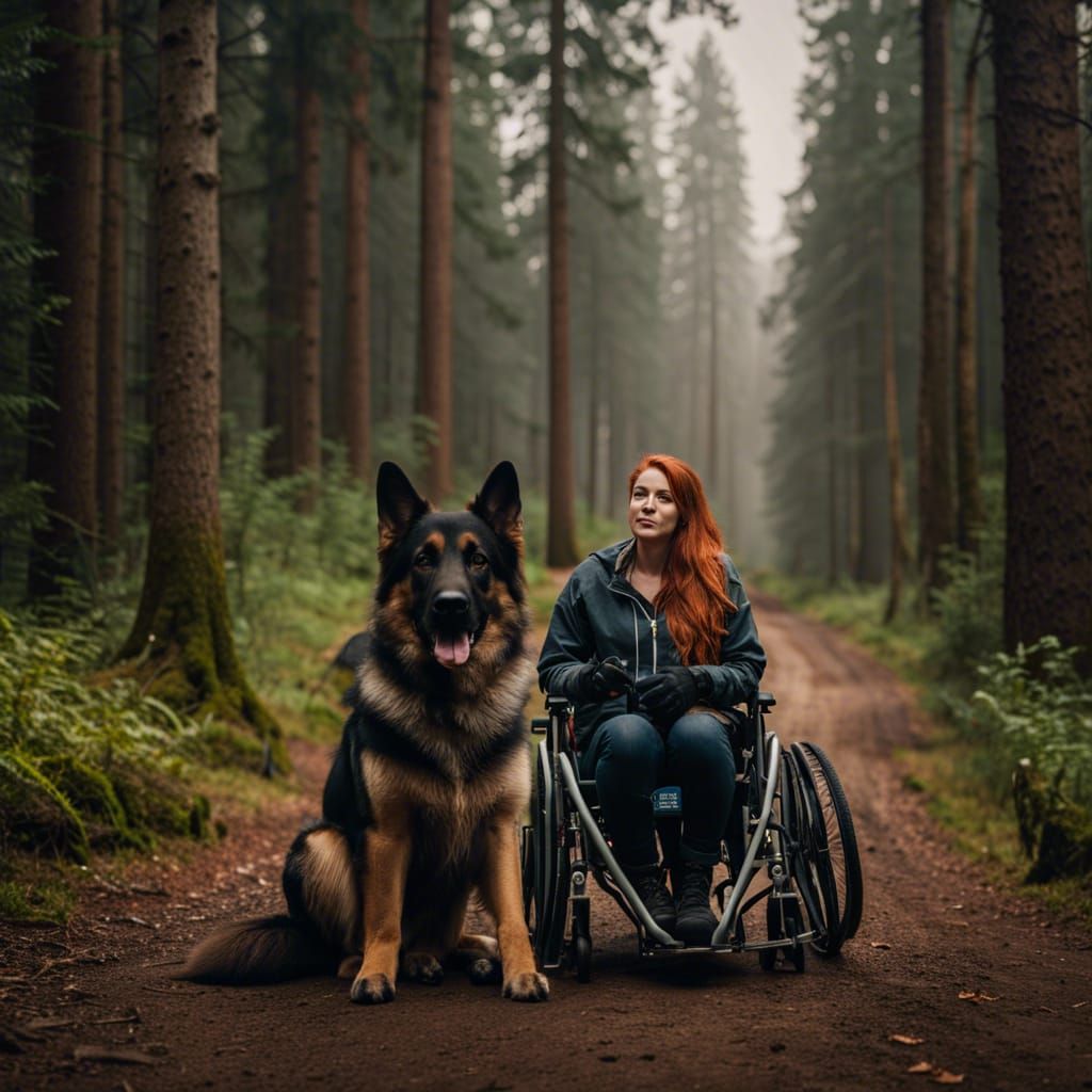 Woman and German Shepherd on Forest Trail