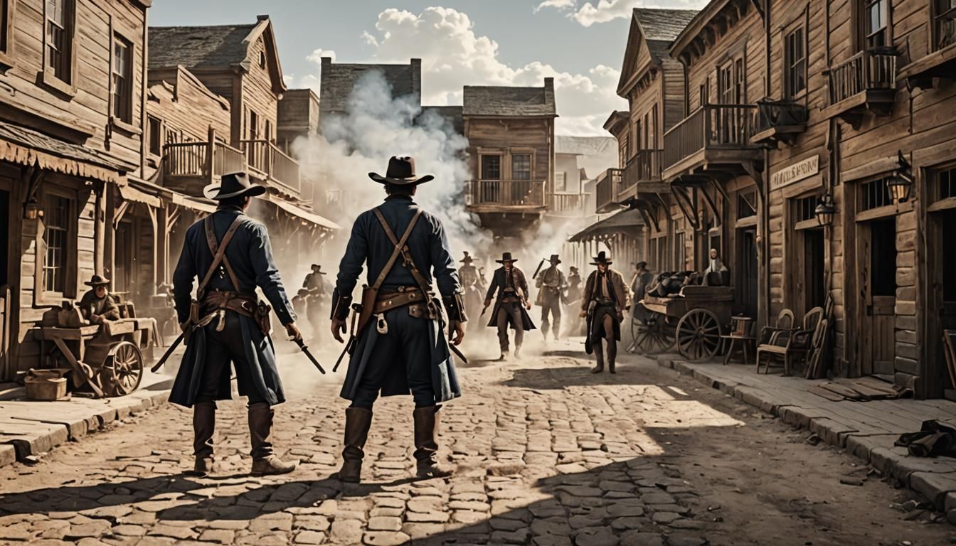 Cowboy Duel with Cannons in Old Western Town
