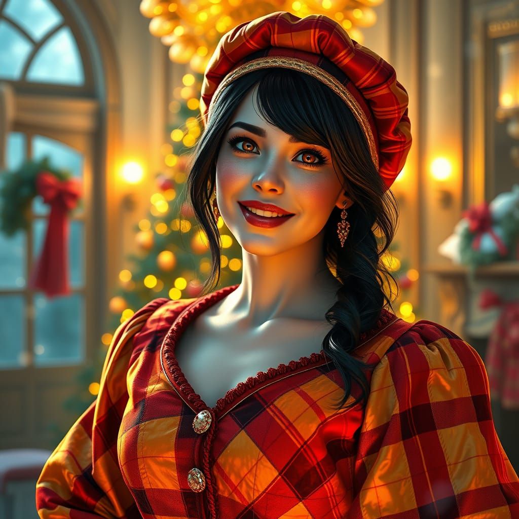 Woman in Plaid Gown in Golden Holiday Room