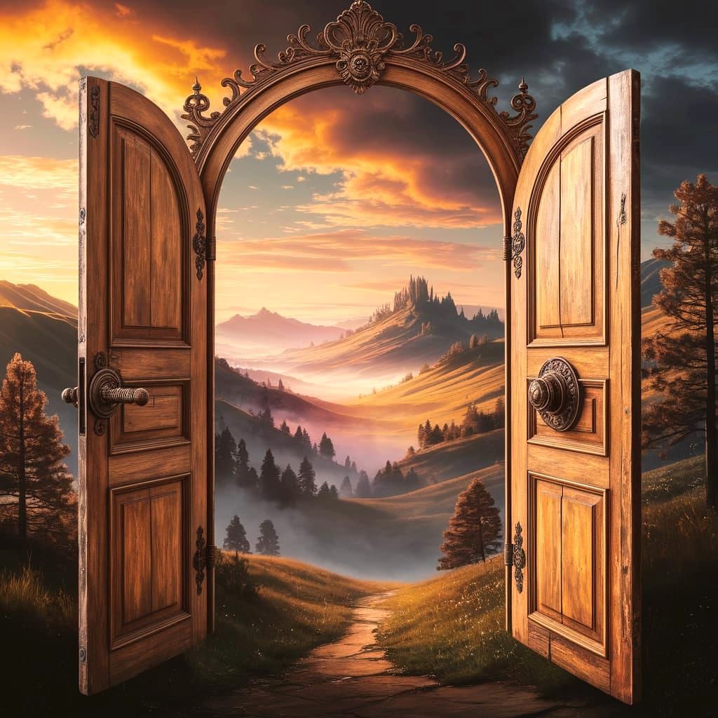 Mystical Portal: Ornate Wooden Door to Dream World