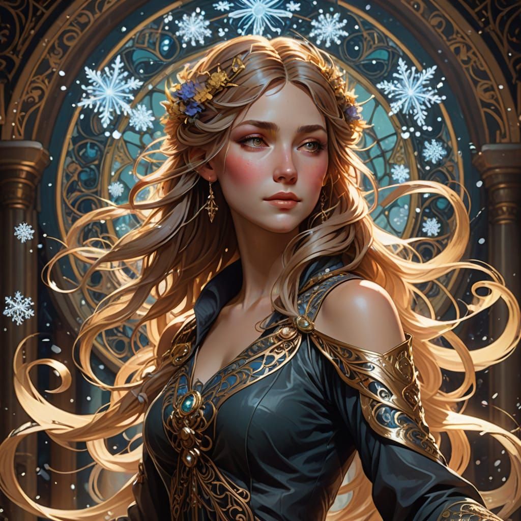 Girl in Whimsical Winter Dance with Golden Hair