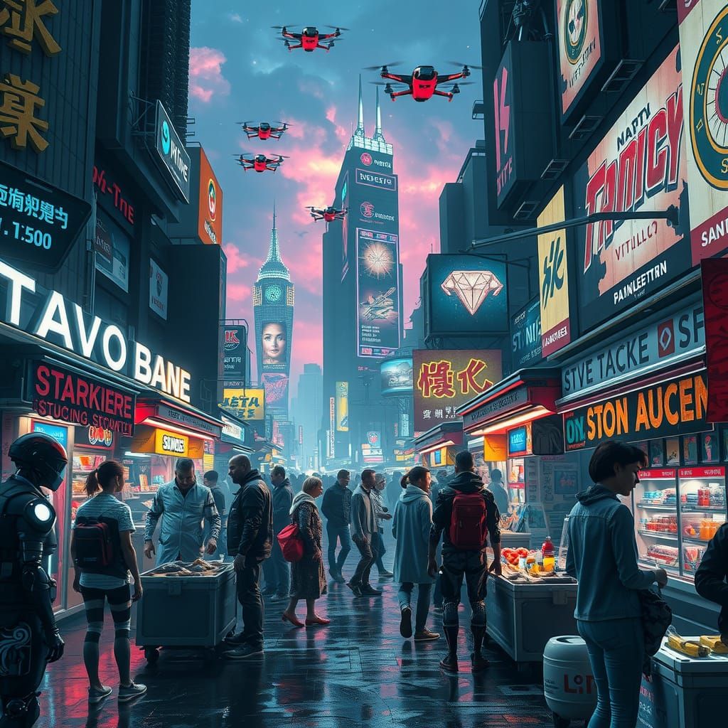 Futuristic Neon Marketplace in Cyberpunk Metropolis