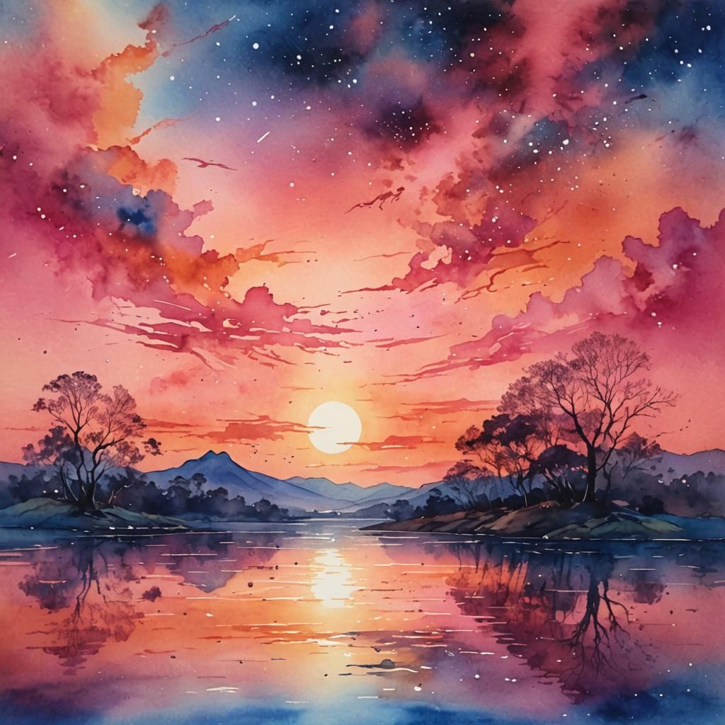 Magical Sunset Watercolour Painting in Pink Orange Blue