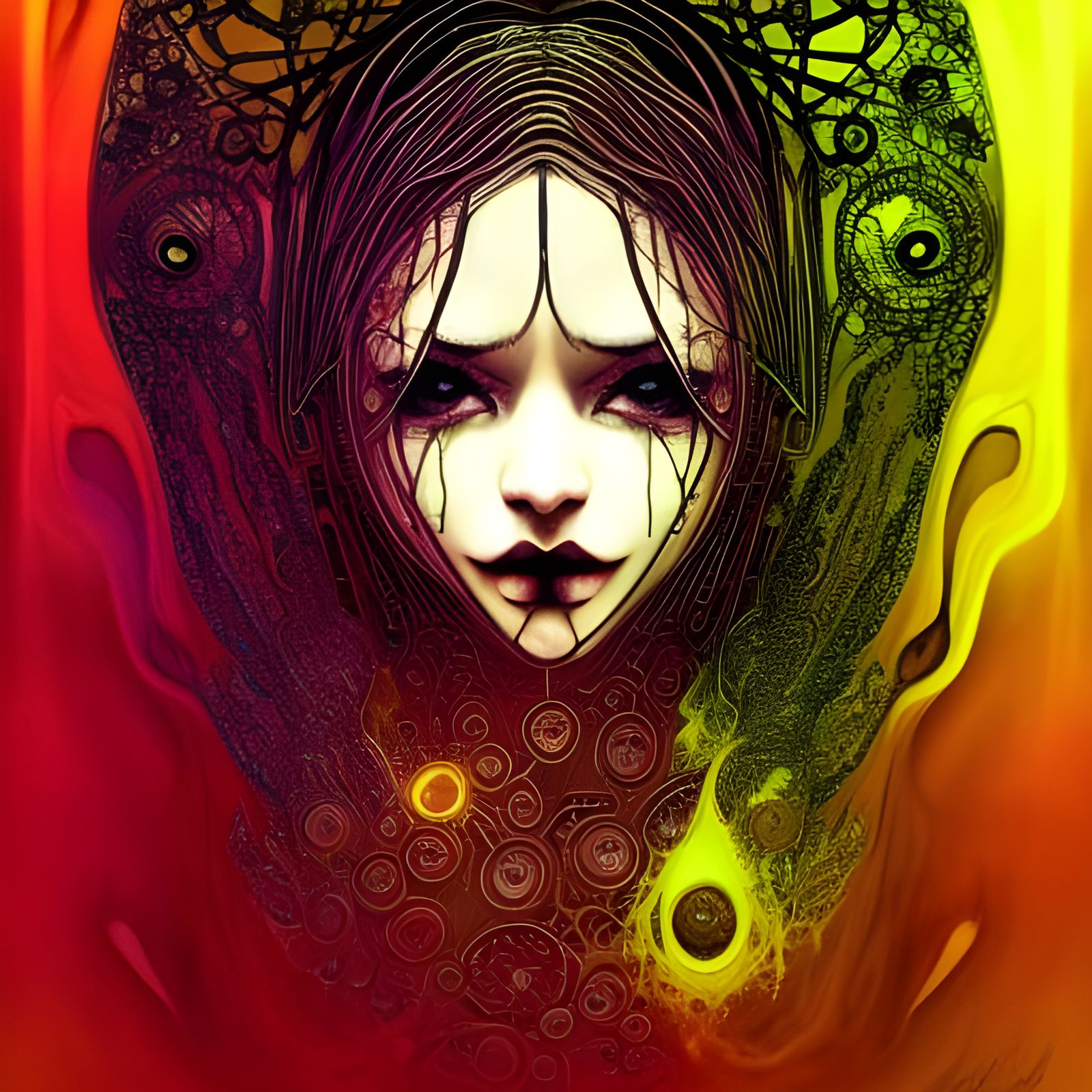 Biohazard Woman in Quantum Fractal Neon Landscape