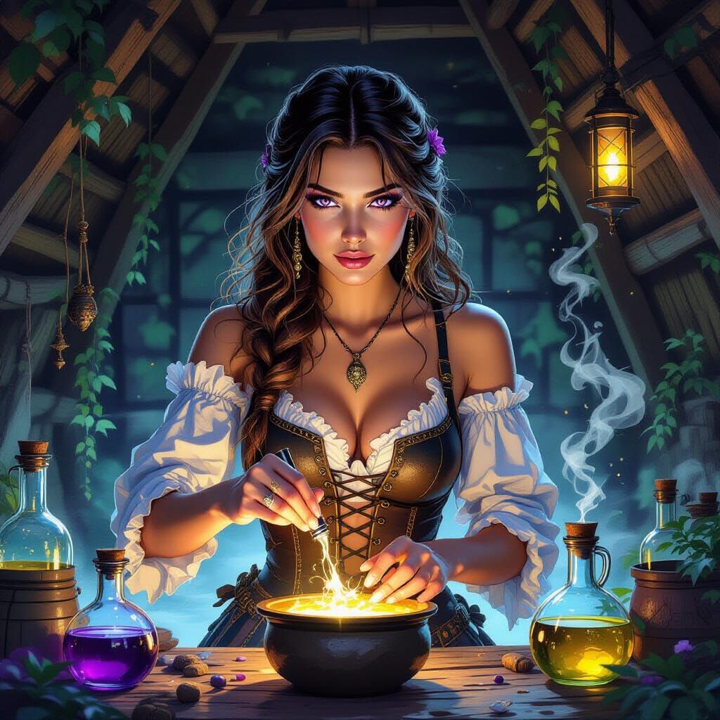 Fantasy Alchemist Mixing Potions in a Hut