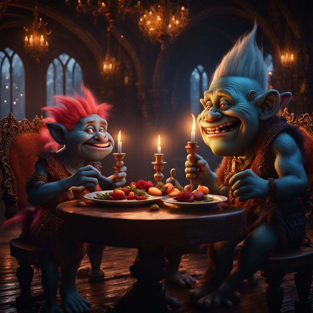 Trolls' Candlelit Dinner: Detailed Fantasy Concept Art