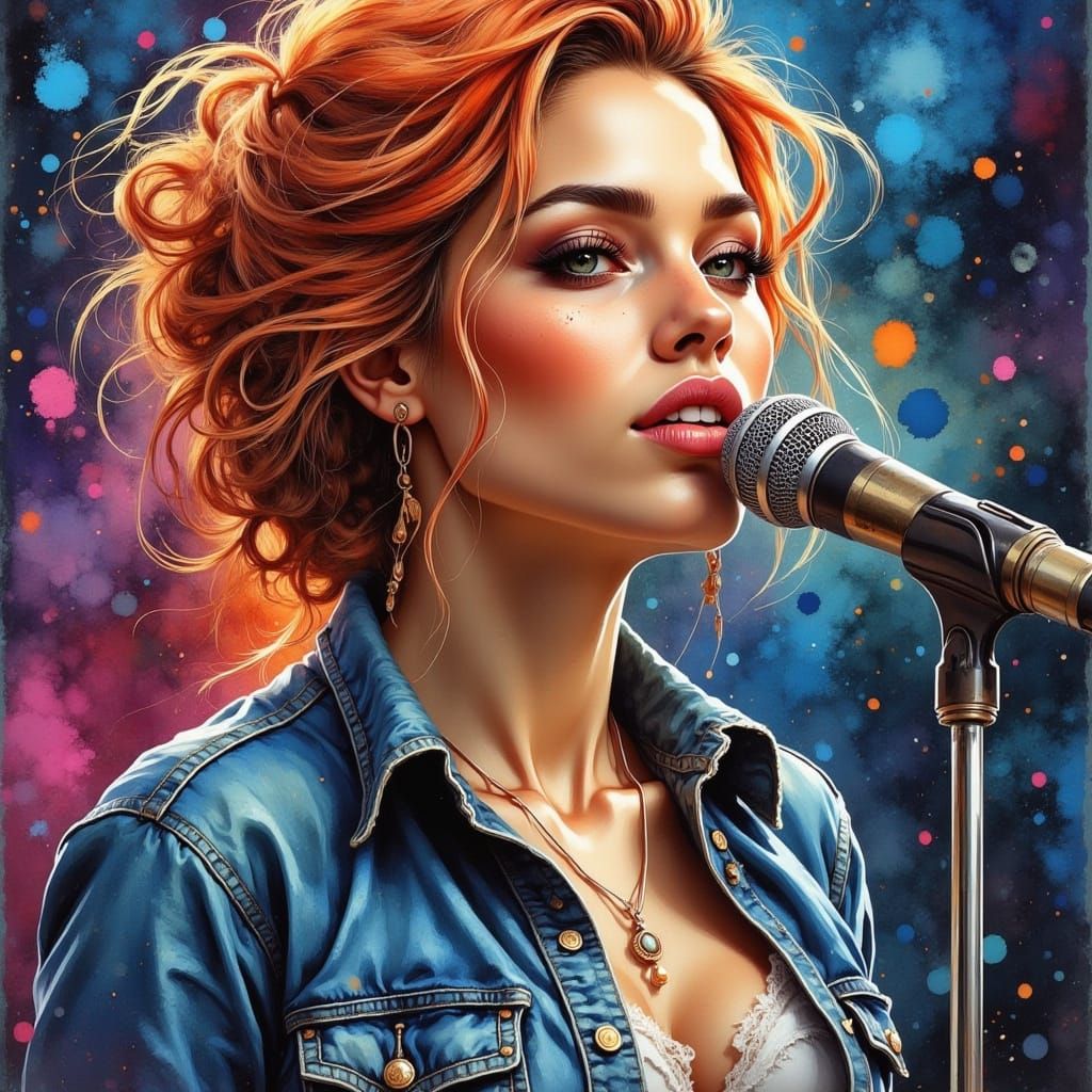 Radiant Singer in Dreamlike Watercolor Painting