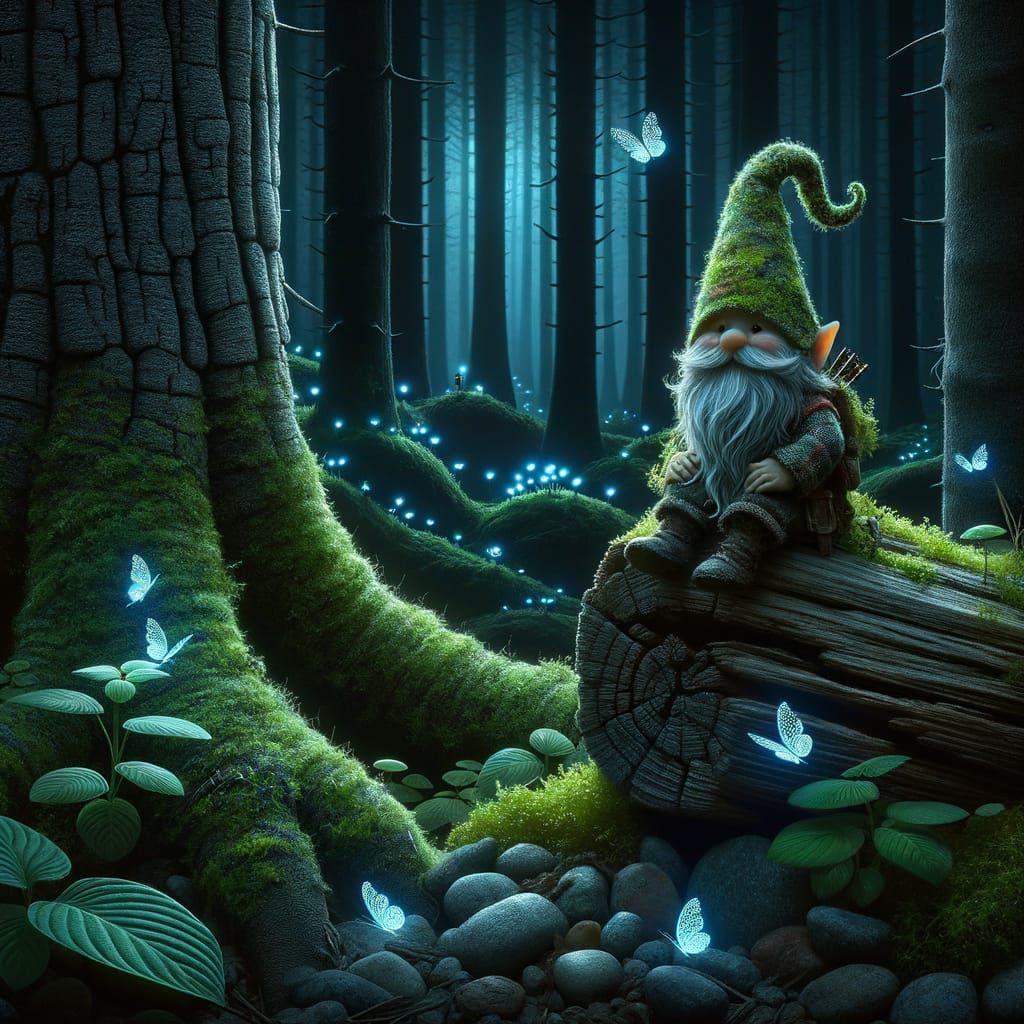 Midnight Forest Gnome with Bioluminescent Butterflies