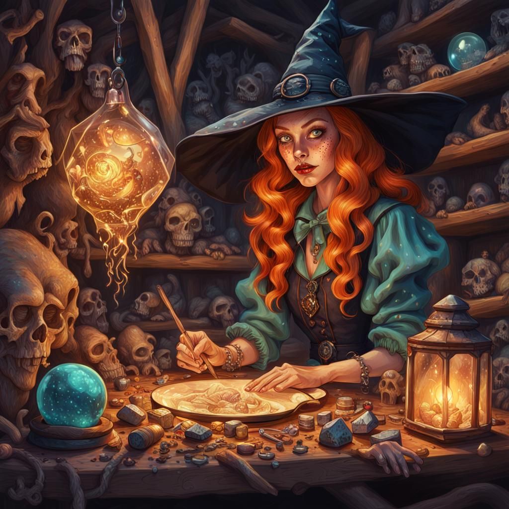 Freckled Witch Examines Crystal: Dark Fantasy Illustration