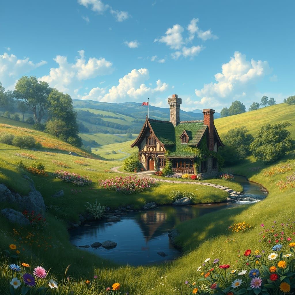Charming Cottage in Lush Meadow: Matte Painting Style