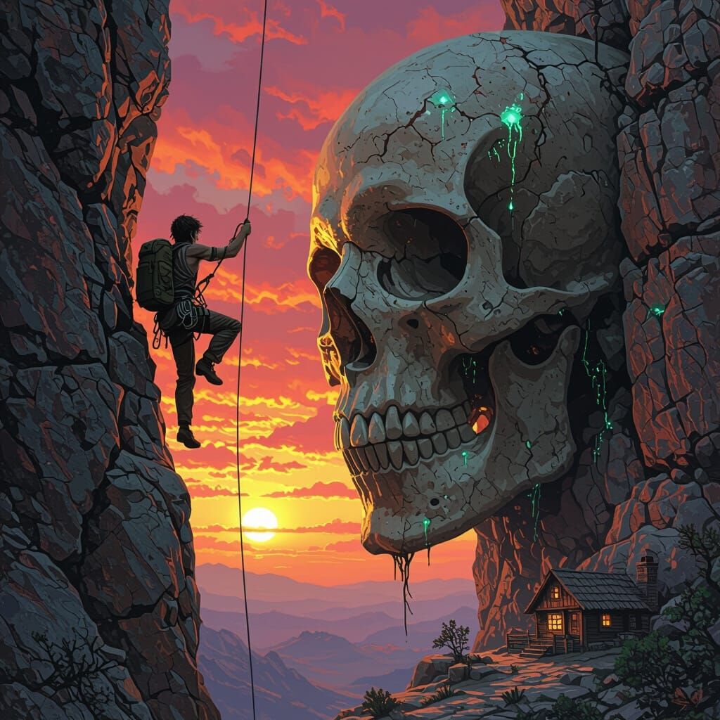Alien Sunset Rock Climber on Giant Skull Cliff