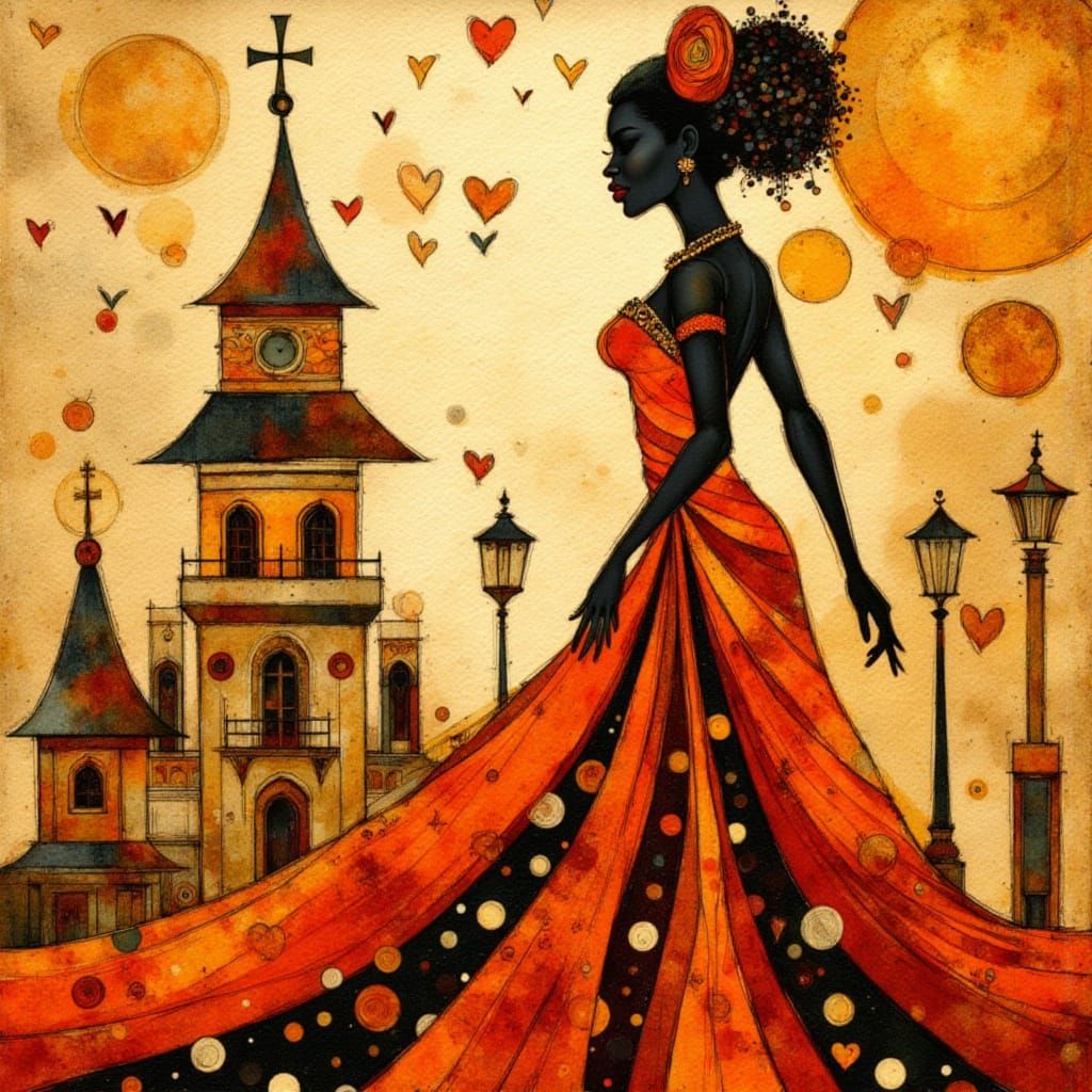 African Princess Silhouette with Hearts in Art Deco Style