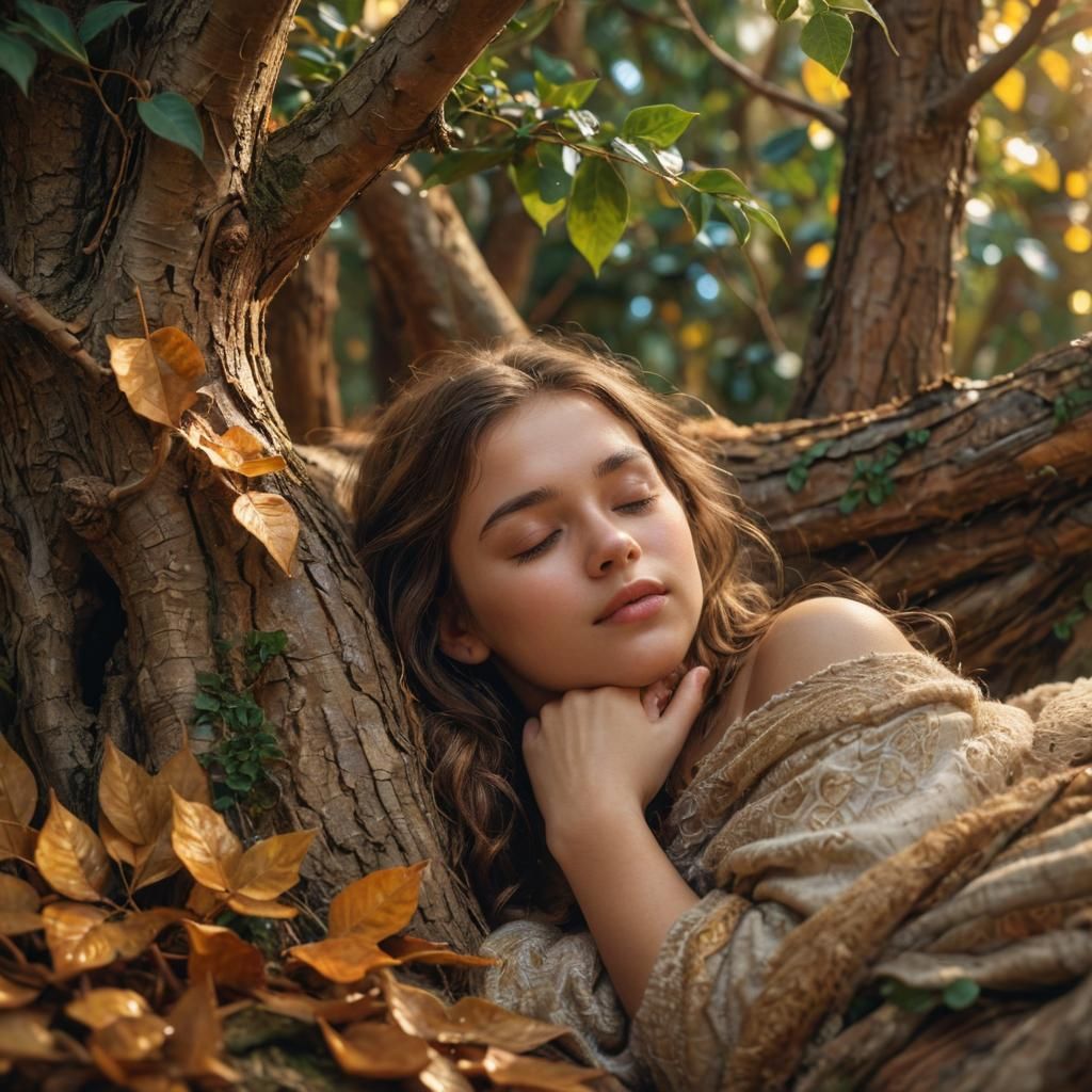 Elven Girl Sleeping in Cozy Treehouse Portrait