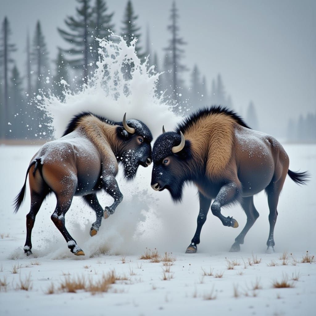 Muskoxen Dominance Clash in Snowy Wildlife Photo