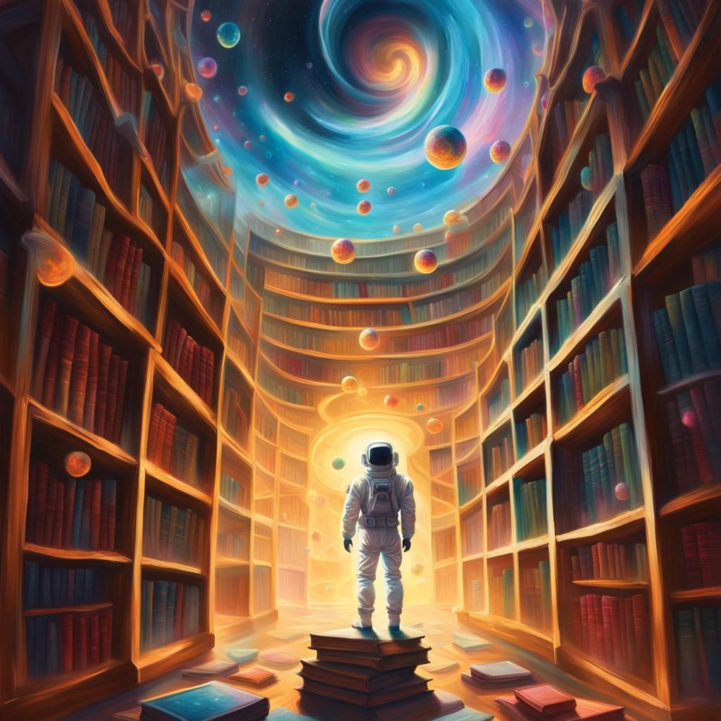 Astronaut in Gravity-Defying Library: Surreal Oil Painting