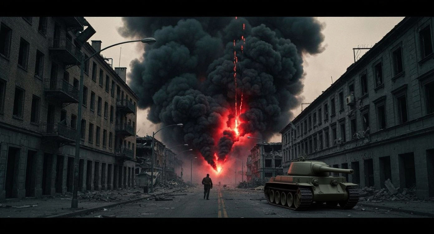 War-Torn City Street Scene with Lone Man