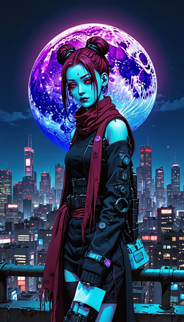 Cyberpunk Girl in Junji Ito Style, Neon Skyline