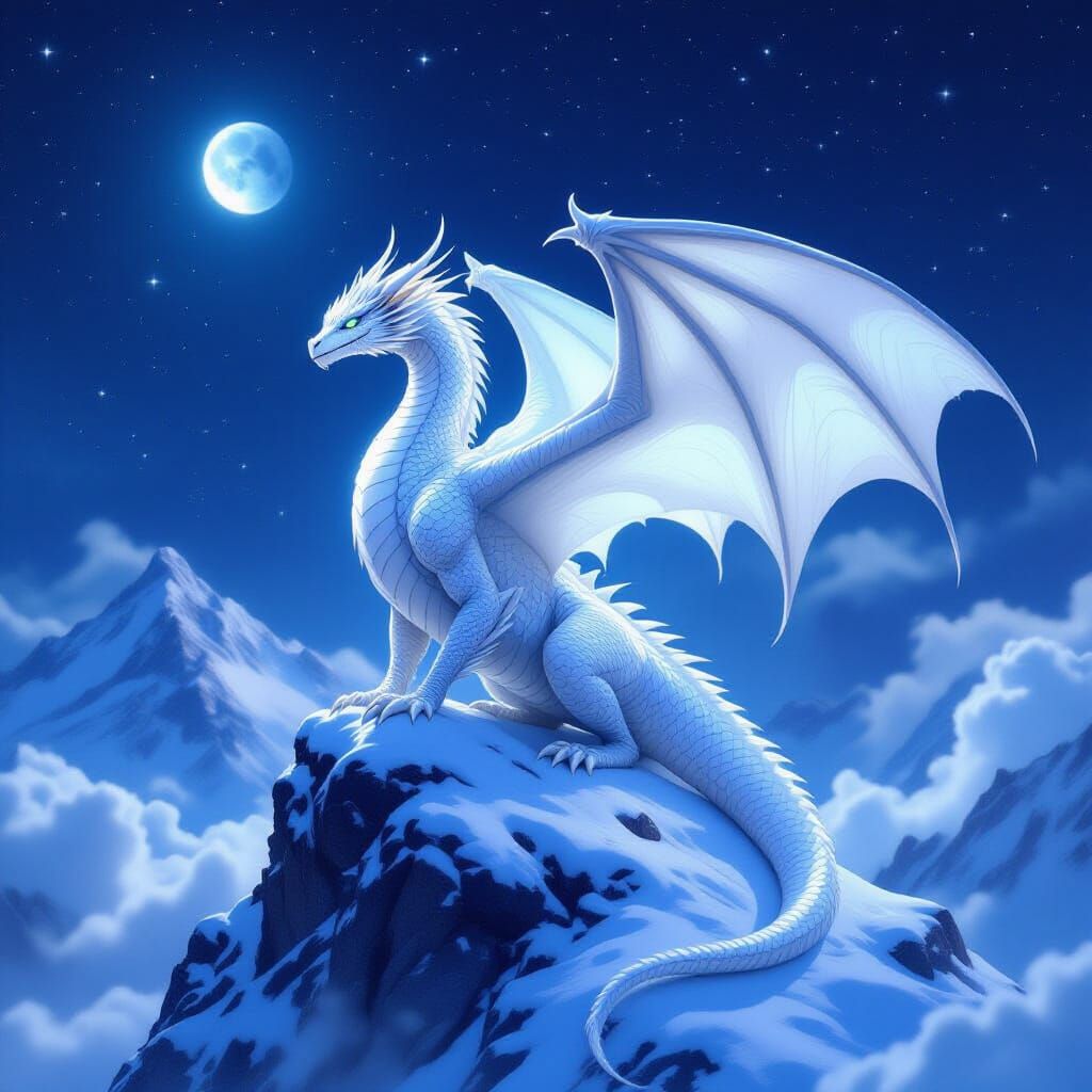 Majestic White Dragon on Snowy Peak Under Starry Night