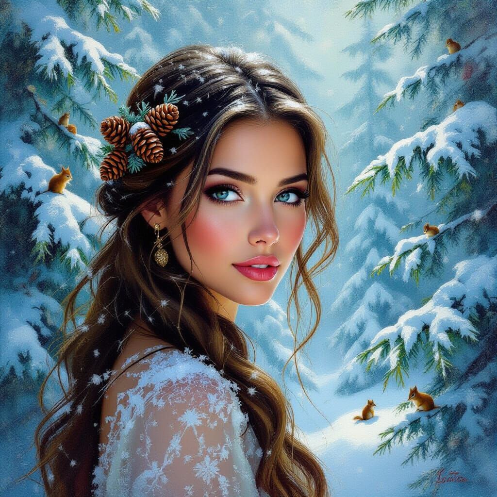 Ethereal Forest Portrait of a Woman with Cedar Cones