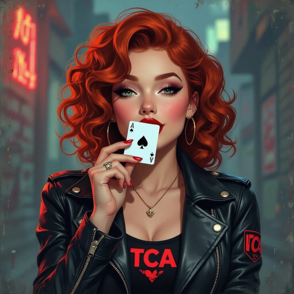 Pinup Girl with Playing Card in Lo-Fi Futuristic Style