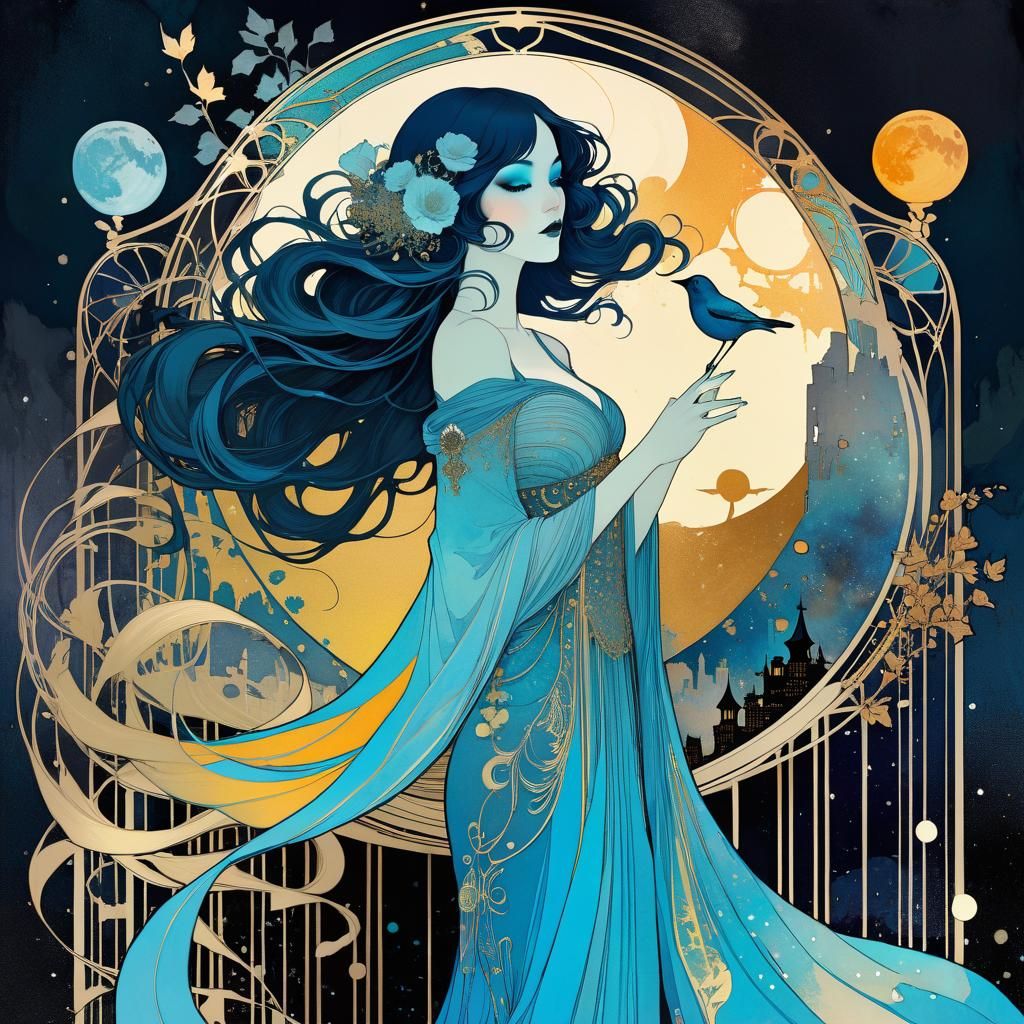 Cosmic Blue Ghost Serenade in Art Nouveau Style