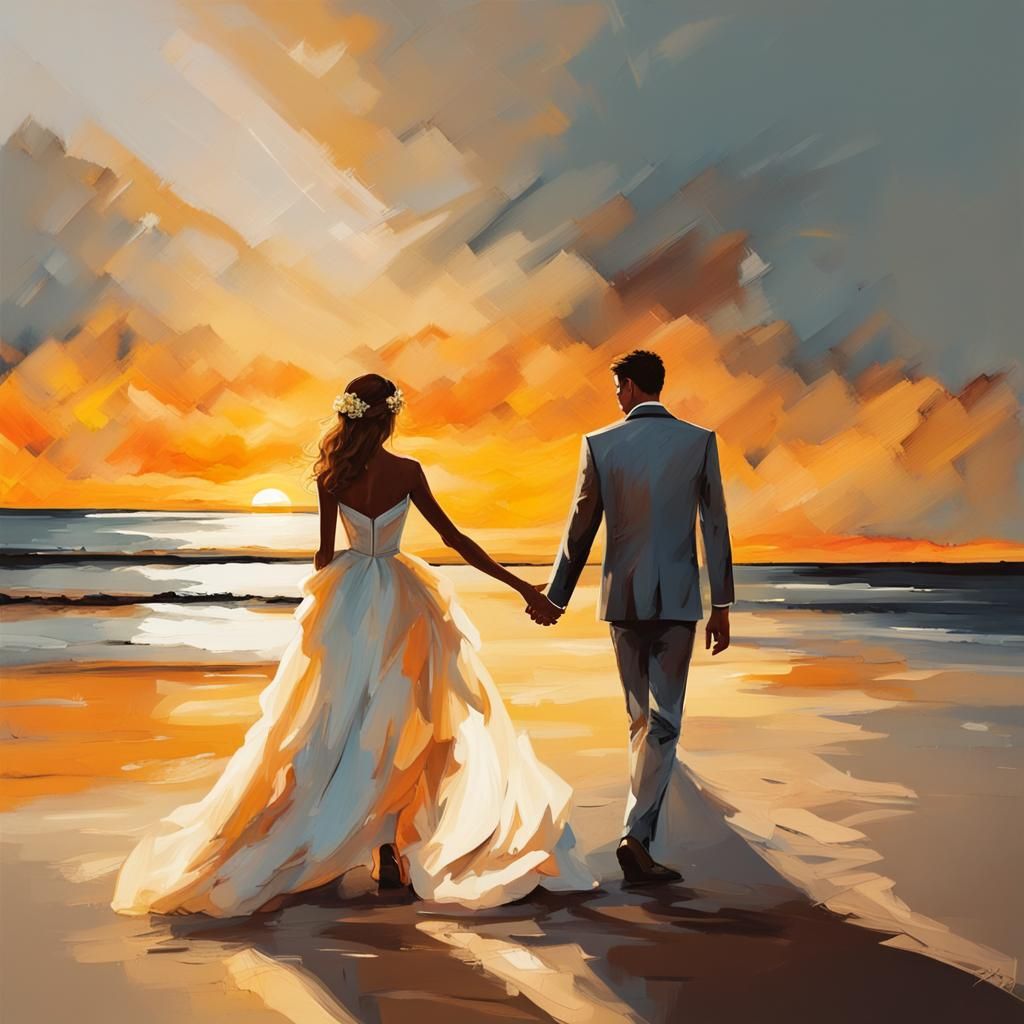 Bride and Groom Walking Towards a Sunset