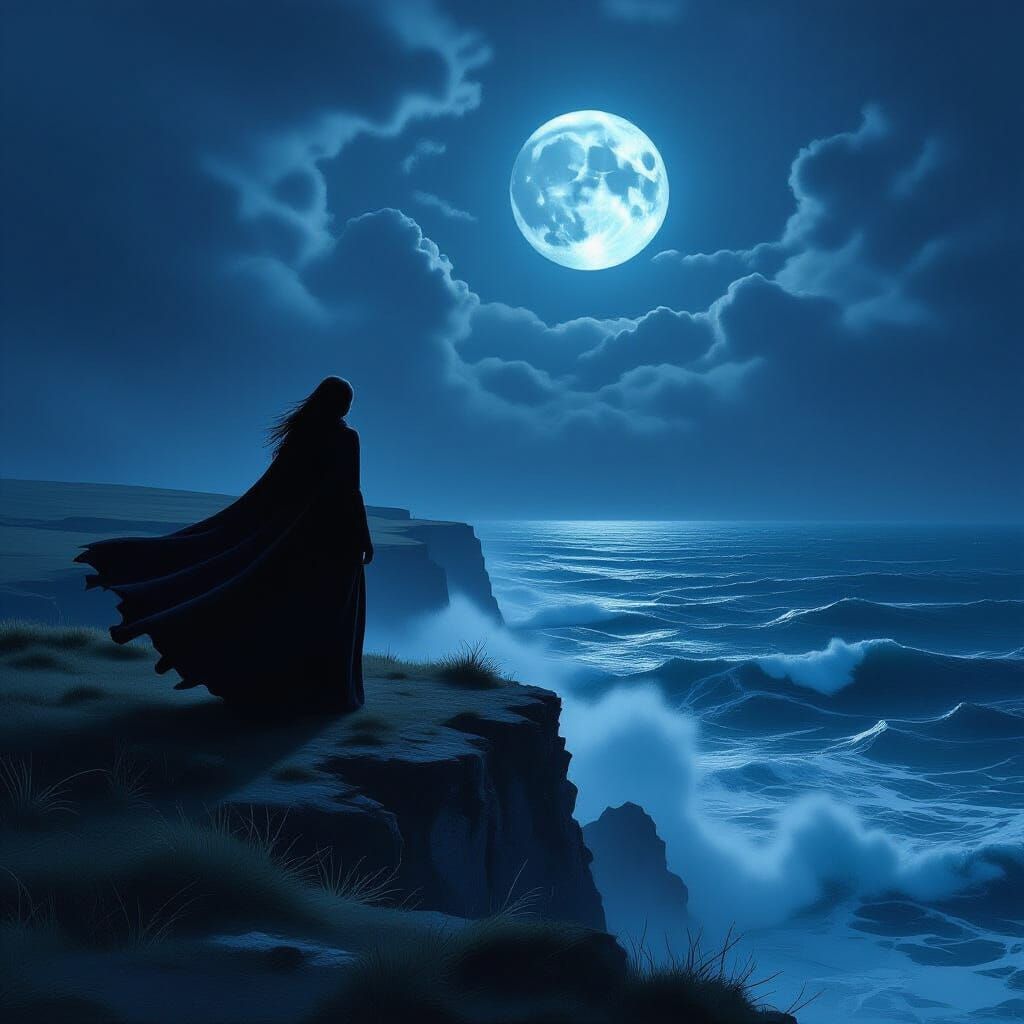 Woman on Cliff Overlooking Moonlit Sea