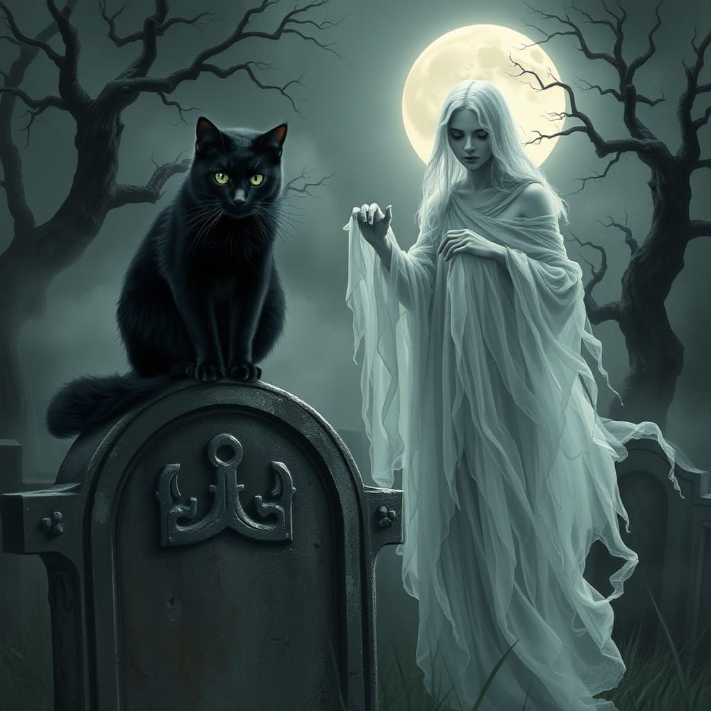 Eerie Cemetery Scene with Black Cat and Ghost