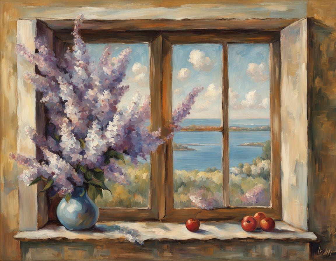 Neo-Impressionist Lilacs at a Country Window