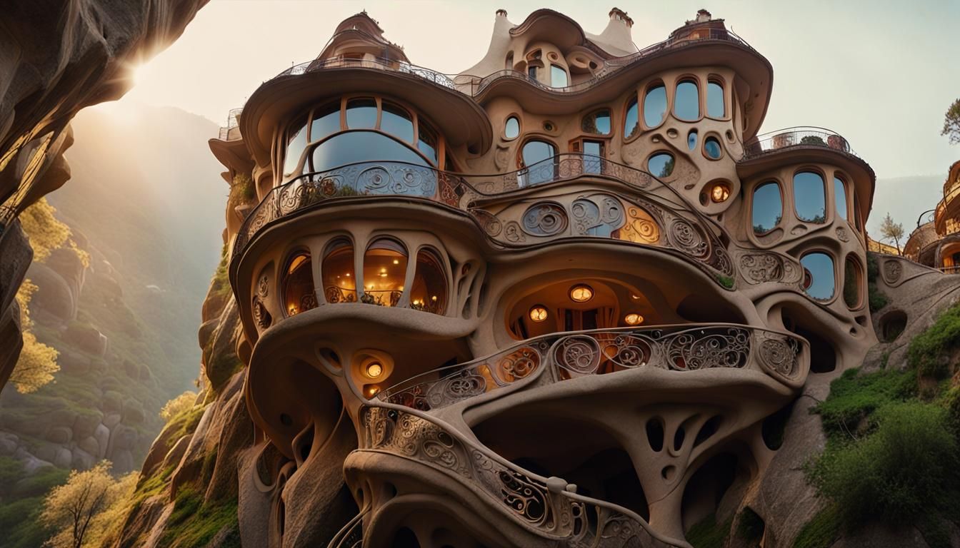 Art Nouveau Cliffside Architecture with Winding Staircase