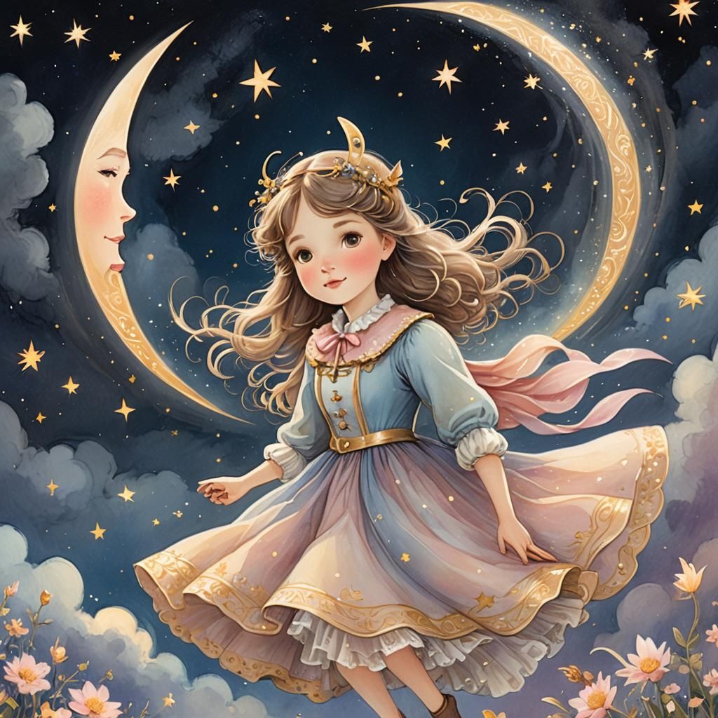Magical Girl in Starry Night Sky, Storybook Illustration