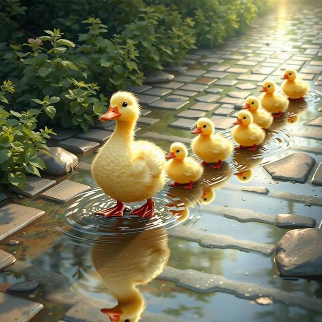Mother Duck and Ducklings in Digital Artwork