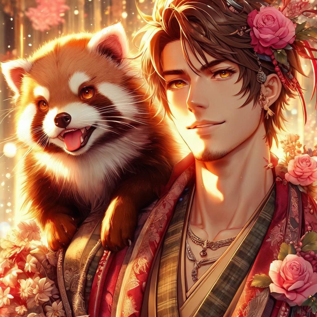 Handsome Man and Tanuki in Anime Style