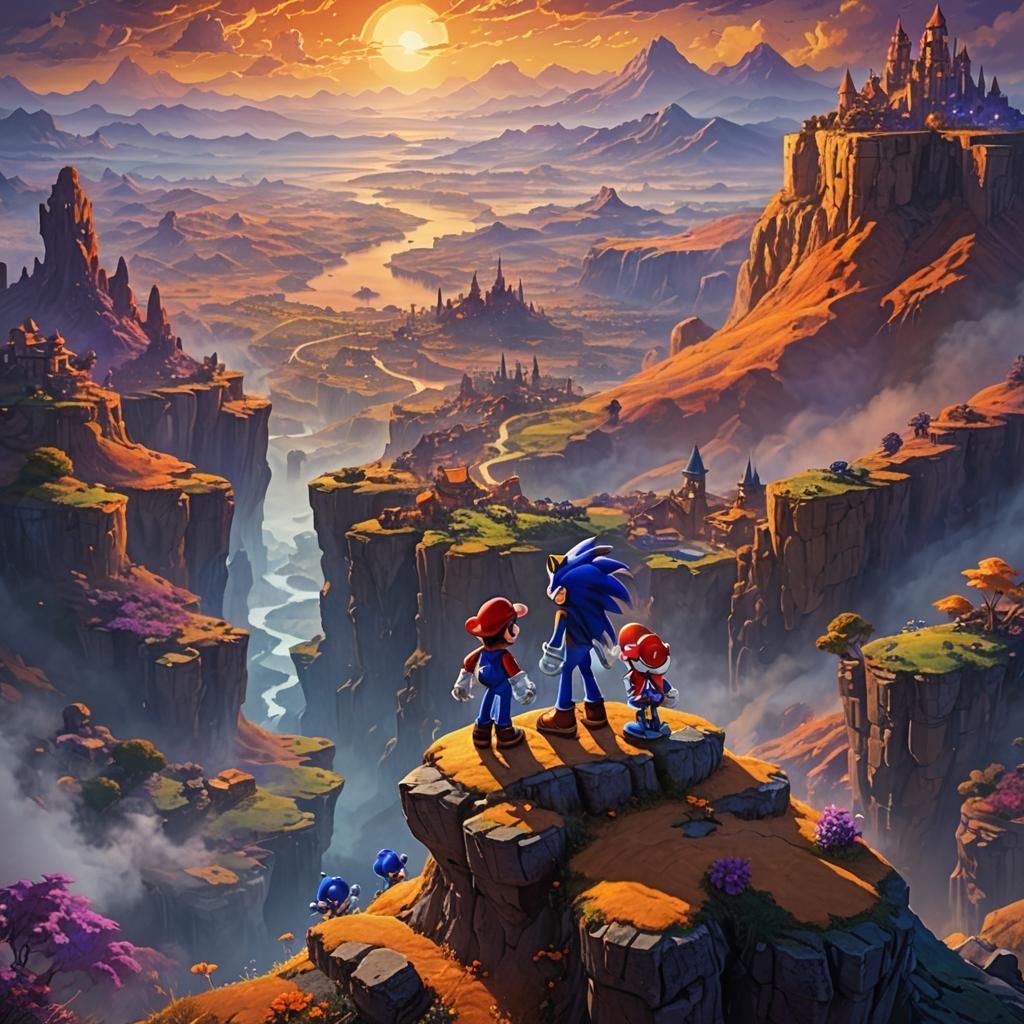 Fantasy Landscape with Iconic Characters in Watercolor