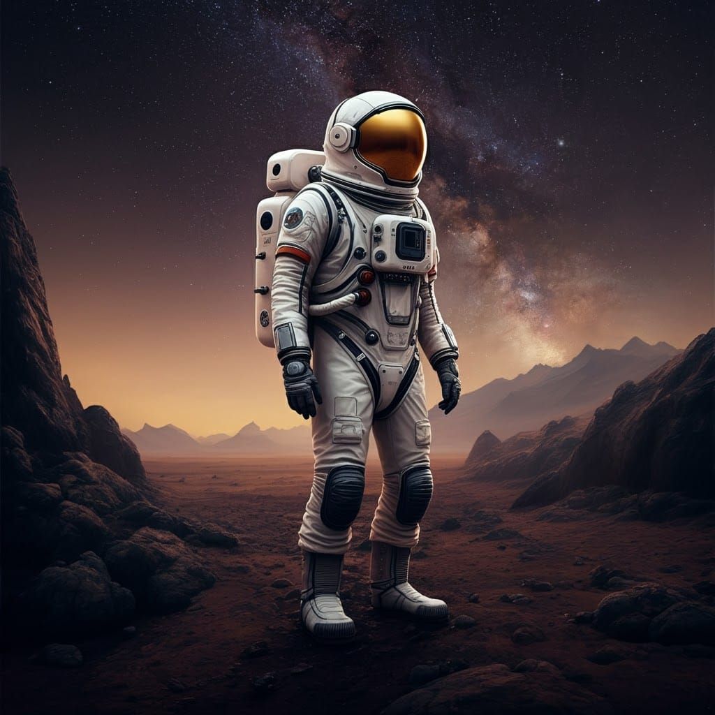 Astronaut on Barren Planet in Industrial Futurism Style