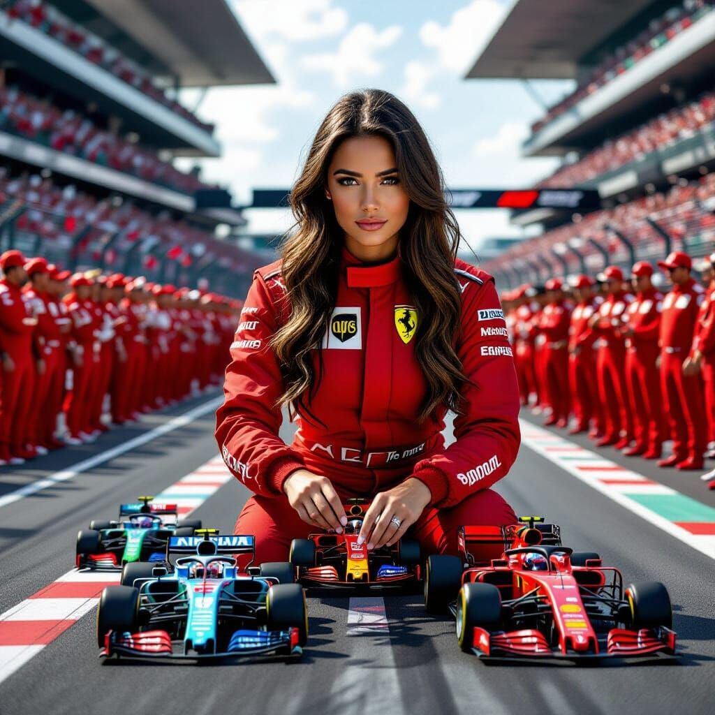 Giant Woman in Ferrari Uniform with Miniature F1 Cars