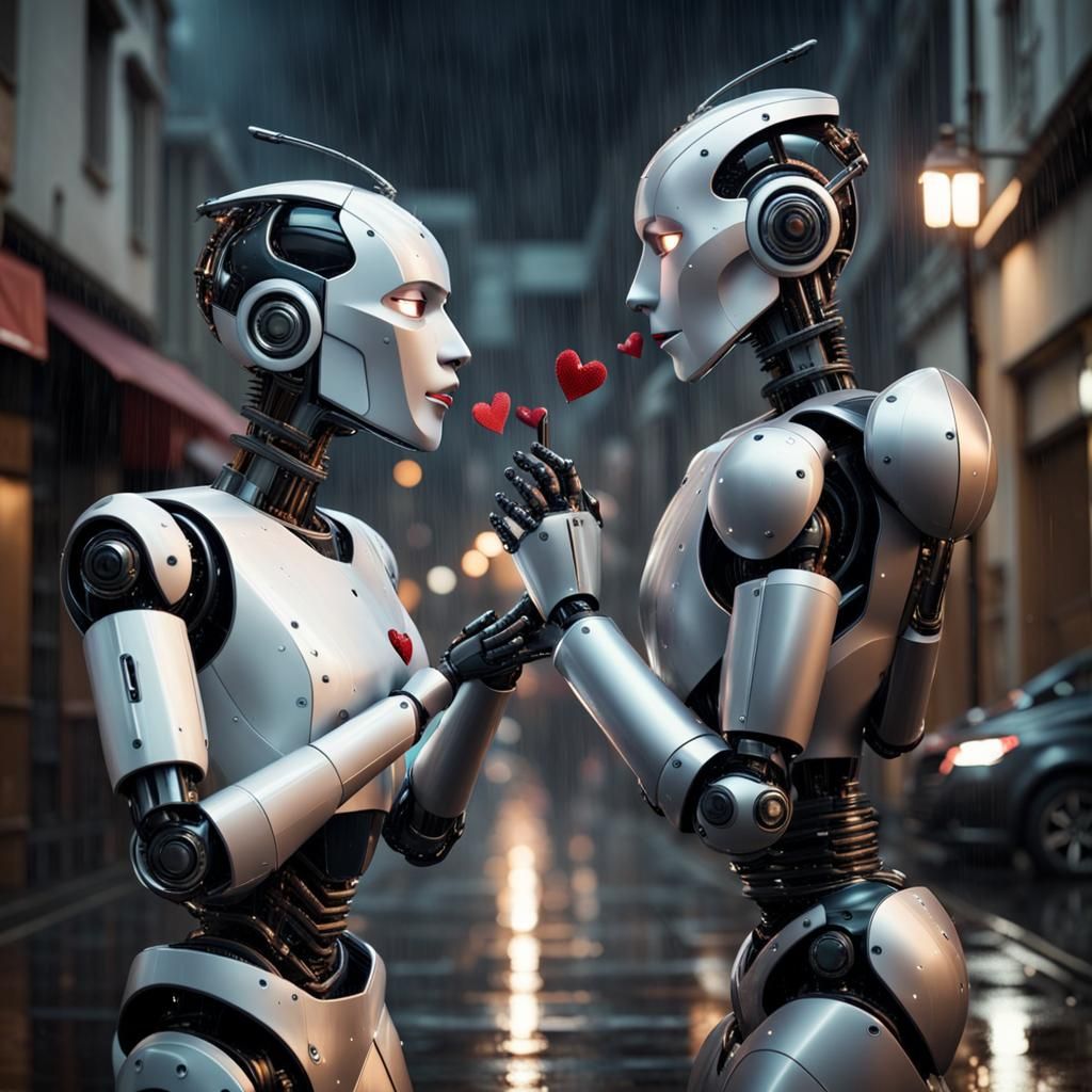 Passionate Robot Kiss in Rainy Sci-Fi Street