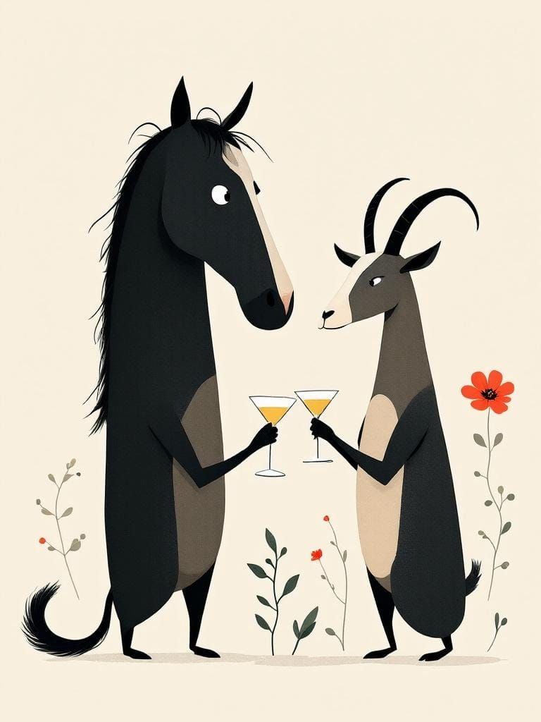 Playful Horse and Goat Toast, Charley Harper Style