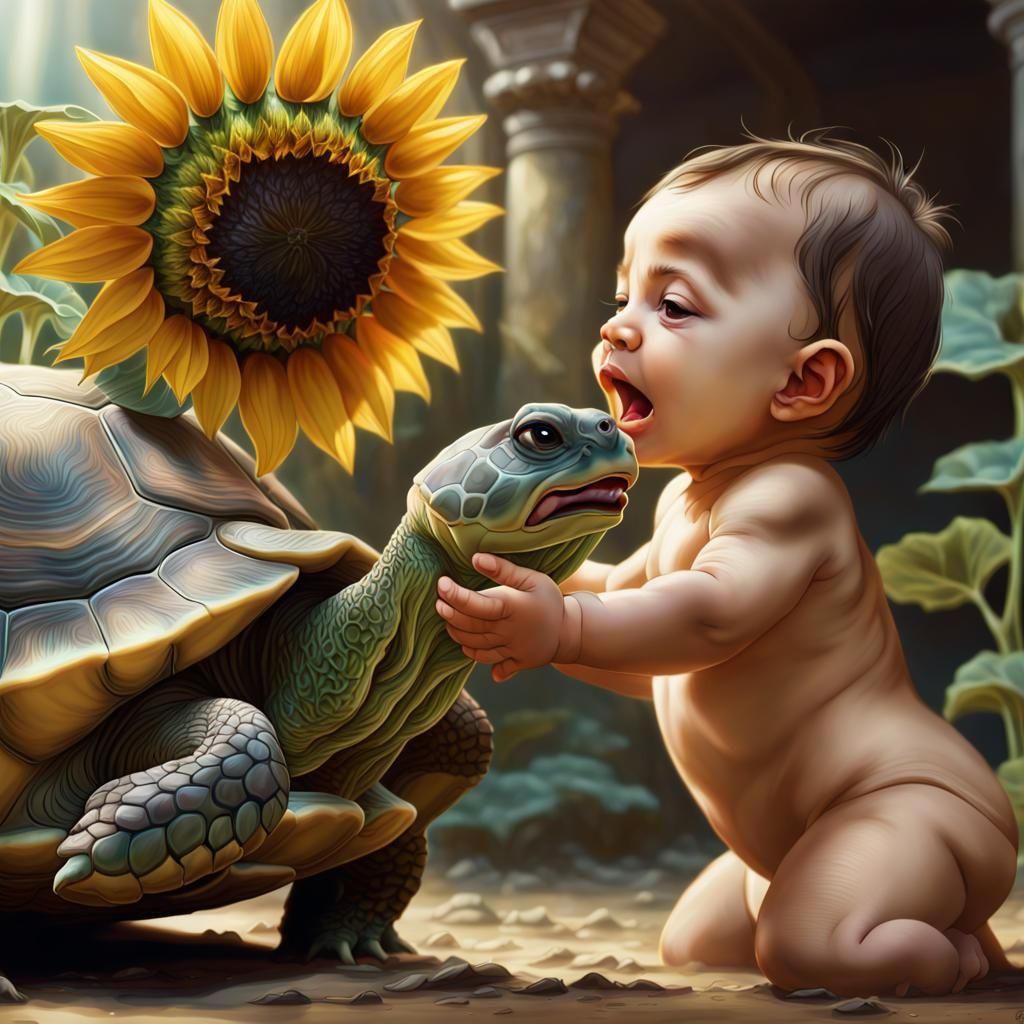 Baby Offers Sunflower to Ancient Turtle
