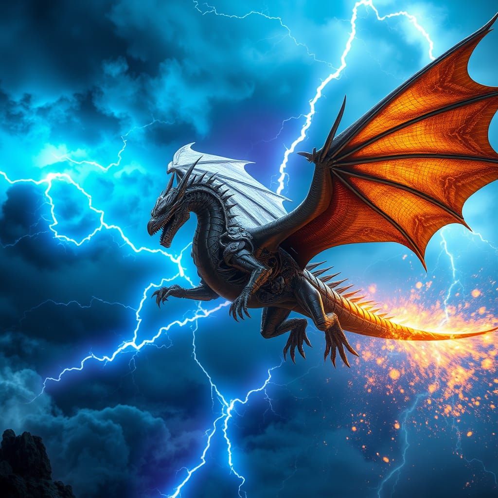 Biomechanical Dragon Soars Through Turbulent Thunderstorm