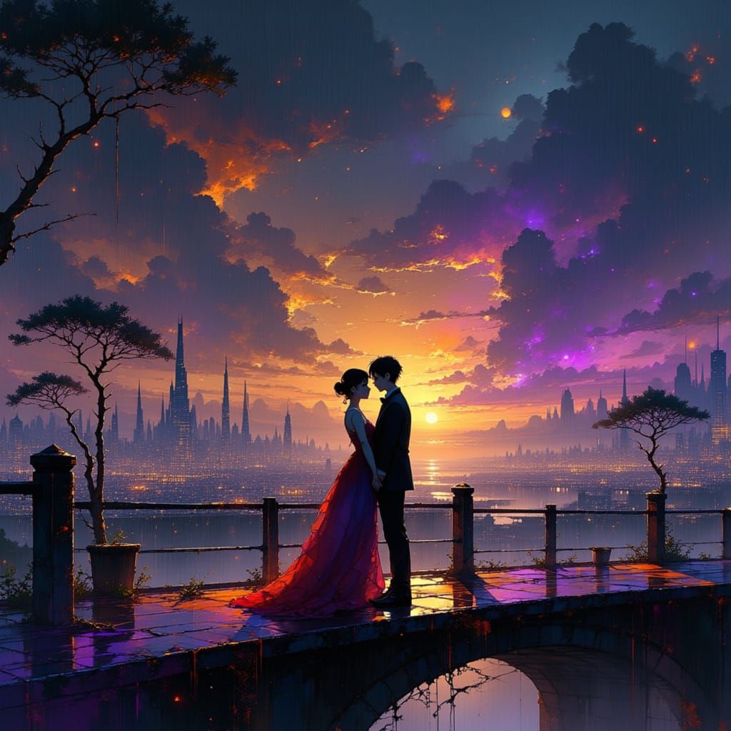 Couple on Bridge Under City Lights in Gentle Rain