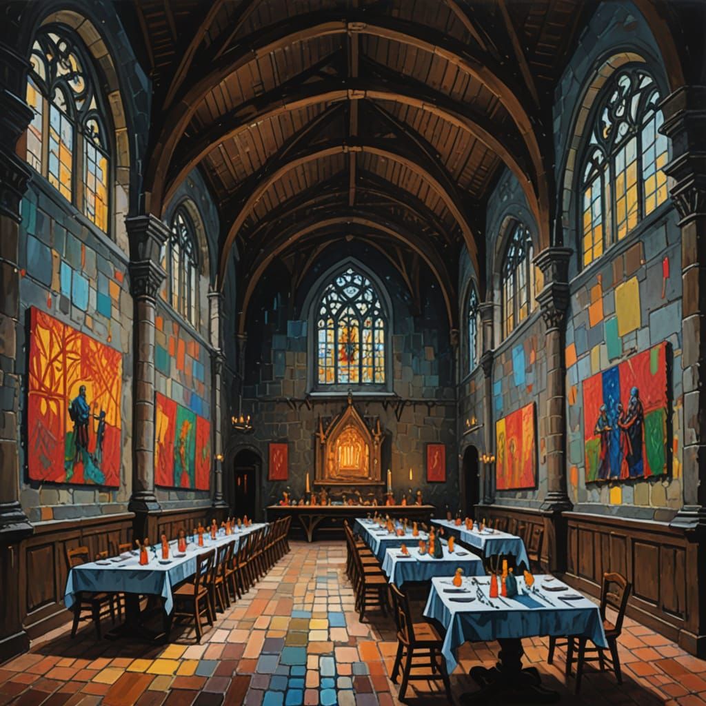 Medieval Dining Hall in Cy Twombly Style with Neon Accents