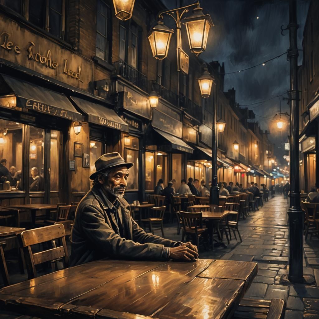 Impressionist Night Cafe Portrait with Golden Lighting