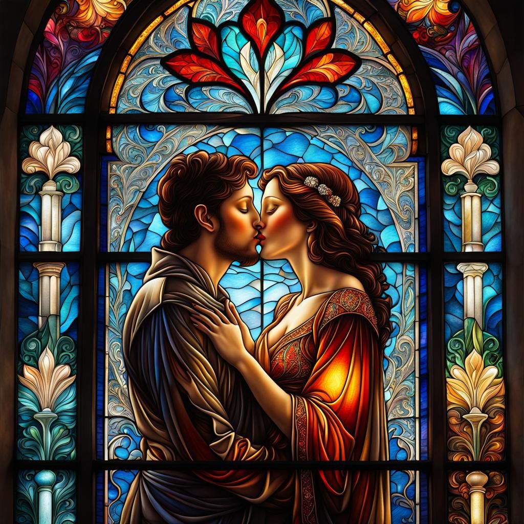 Stained Glass Kiss: Luminous, Detailed Masterpiece