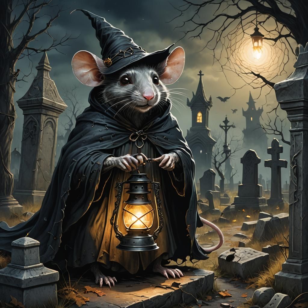 Mouse Witch in Cemetery: A Dark Fantasy Illustration