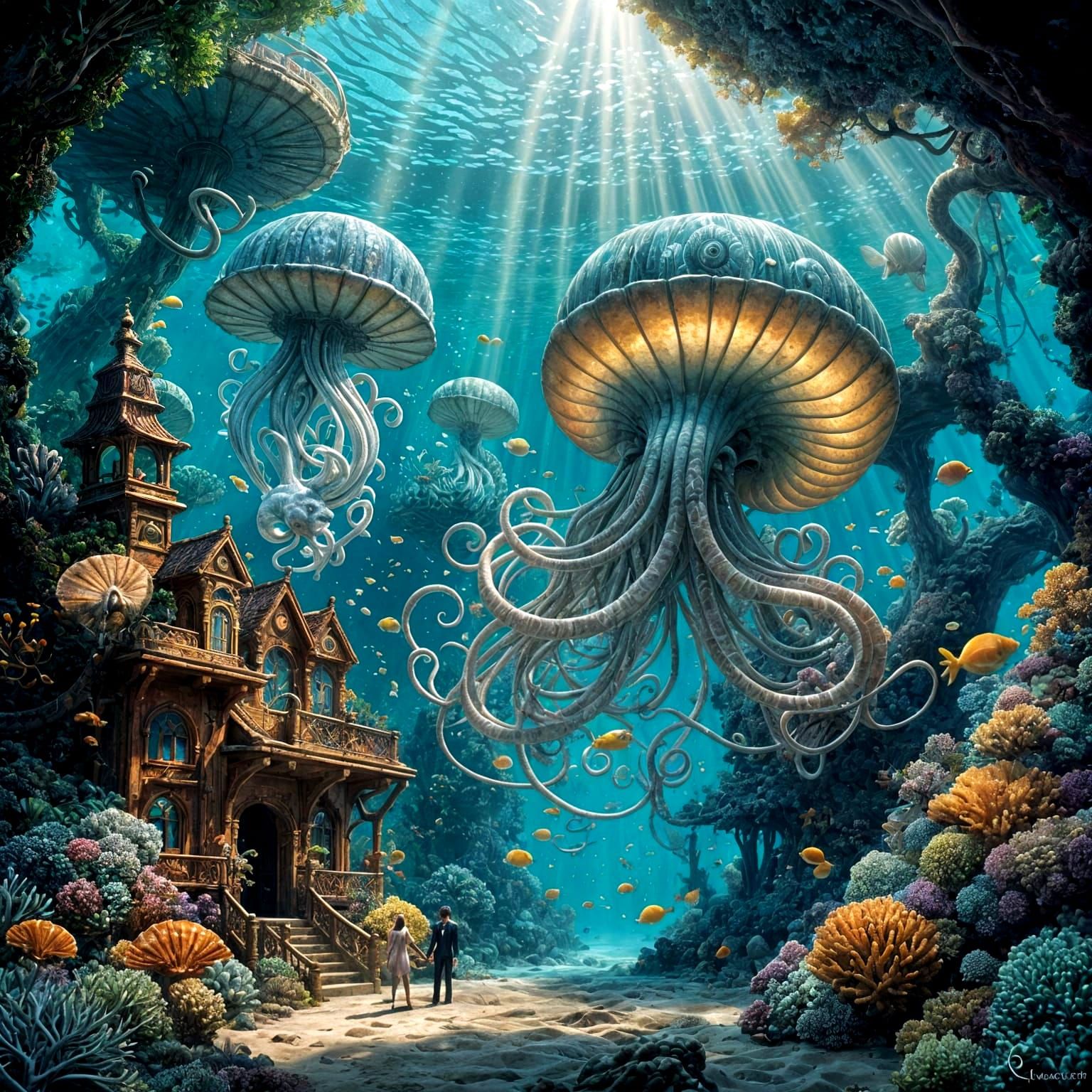 Romantic Nautilus Couple Underwater with Sunlight