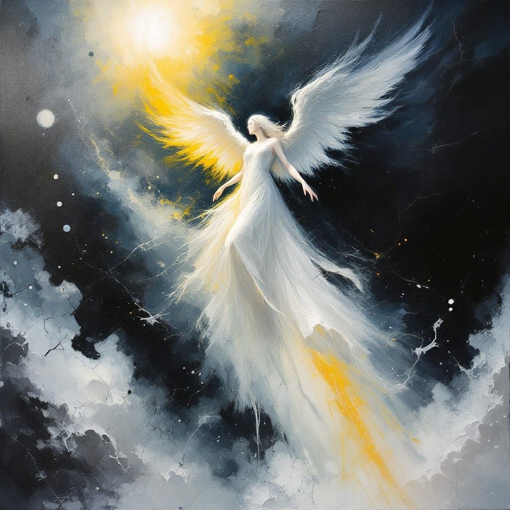 Ethereal Angel Rises from Abyss in Vibrant, Surreal Oil Pain...