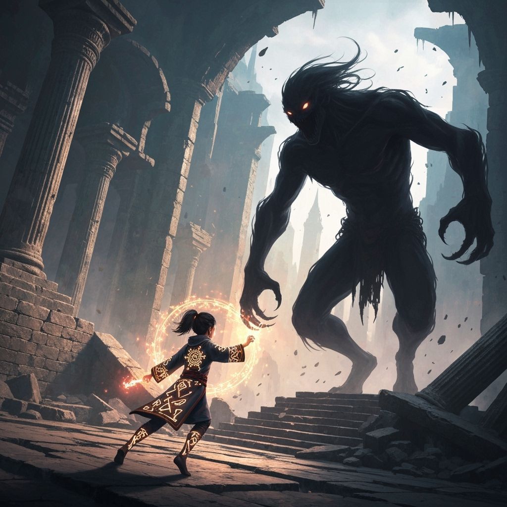 Magician Girl Battles Colossal Shadow in Ancient Ruins